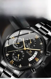 Detailed view of the mineral-strengthened glass and black steel case with gold markers
