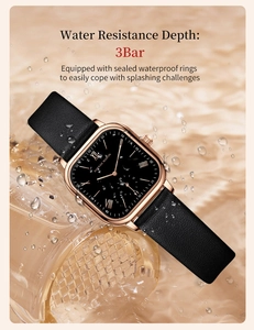Detail showing 3Bar water resistance with water splashes on the women's leather watch