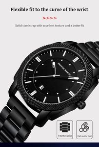 Détail du bracelet en acier inoxydable noir et du cadran mat avec dateur affiché