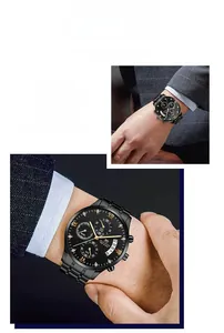 Detailed close-up of a black stainless steel watch with golden hands and date window