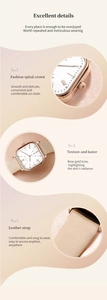 Detailed views of the rose gold square watch case and beige leather strap texture