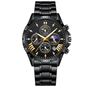 Montre chronographe élégante en acier noir pour homme avec date et phase lune-soleil