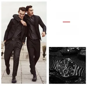 Detail of black stainless steel business watch with multifunctional Roman numeral dial