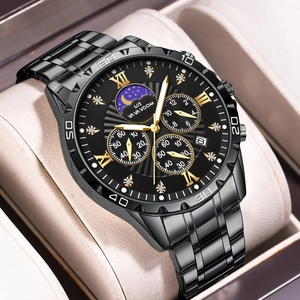 VAVA VOOM black metal men's watch with gold luminous calendar and moon phase dial