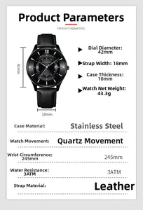 Detailed specifications of the waterproof black quartz watch with 42mm dial dimensions