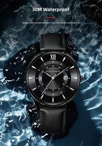 Detail view of water-resistant quartz watch with leather strap and calendar display