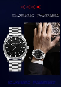 Montre classique en acier inoxydable argenté avec cadran noir et guichet de date