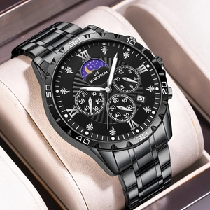 All-black men's chronograph watch with luminous hands and a stainless steel band