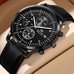 Men Business Quartz Watch Alloy Case Genuine Leather Stainless Steel Strap Multi Function Chronograph Calendar Waterproof Wristwatch