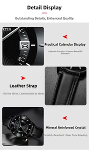 Macro view of calendar window and Roman numeral dial on black leather watch