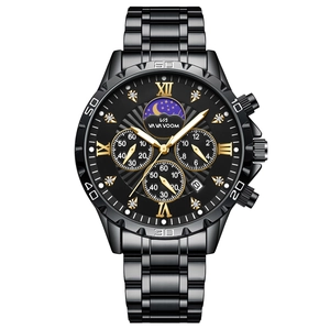 Men's black stainless steel quartz watch with gold Roman numerals and moon phase dial