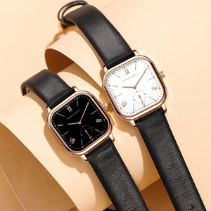 Hannah Martin square quartz watch with rose gold case and black leather strap for women