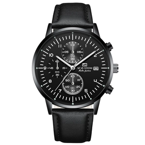 Men's business black quartz watch with leather strap and multifunctional chronograph