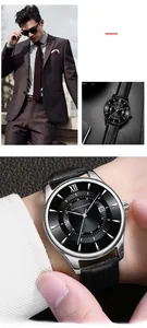 Detail view of Hannah Martin men's watch with black leather strap and date display