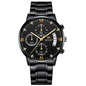Men's chronograph watch in black stainless steel with gold Roman numerals and date window