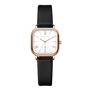 Hannah Martin square watch with rose gold case and black leather strap for women