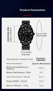 Spécifications détaillées de la montre business 44mm en acier noir avec affichage de date