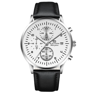 Men's business quartz watch with white dial, silver steel case and black leather strap