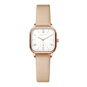 Hannah Martin minimalist square rose gold quartz watch with beige leather strap for women