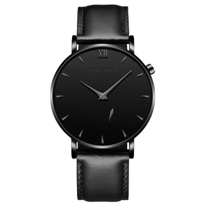 Hannah Martin minimalist business watch with black dial and leather strap for men