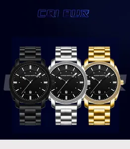 Détail de trois montres d'affaires étanches en acier noir, argenté et doré de luxe