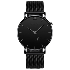 Minimalist all-black business men's watch with stainless steel mesh strap and Roman dial