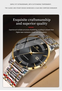 Detail view of the black sunray dial and silver-gold stainless steel band in watch box