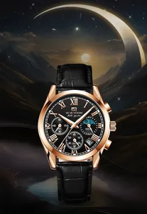 Close-up of multifunctional men's watch featuring a moon phase dial and black leather strap