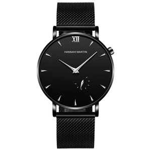 Minimalist black quartz watch for men with mesh strap and roman numeral markers