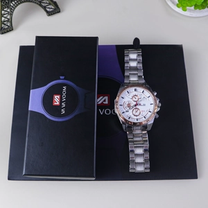 Silver stainless steel chronograph watch with white dial and brand gift box set