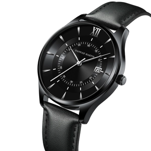 Hannah Martin all-black quartz watch with leather strap and date window in 45-degree angle