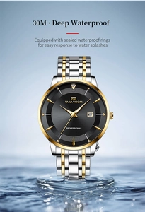 Detail view of business watch dial with 30M waterproof rating and two-tone steel strap