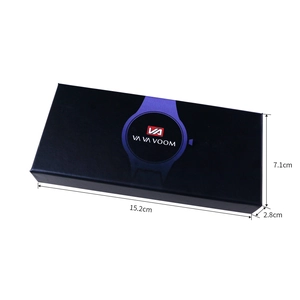 Detail view of a slim black matte watch gift box with branding and dimensions 15.2x7.1x2.8cm