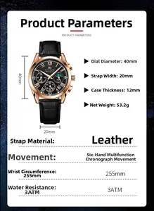 Detailed specifications of 40mm men's chronograph watch with 3ATM water resistance