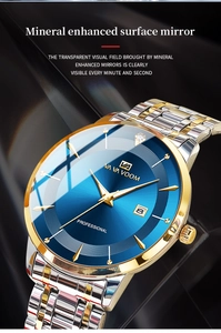 Macro detail of business watch dial with blue sunray finish and gold hands