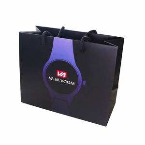 Matte black paper watch gift bag with VA VA VOOM logo and purple watch outline