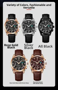 Showcase of men's waterproof watches with leather straps in five assorted color styles