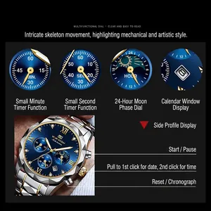 Men's multifunctional business watch with silver-gold strap and blue sunray dial