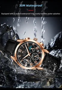 Close-up of waterproof quartz watch on wet rocks featuring rose gold case and date window