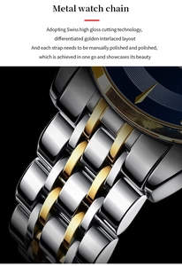 Macro shot of polished silver and gold two-tone stainless steel watch band links