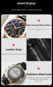 Detailed close-up of the 3ATM waterproof stainless steel back cover and leather strap