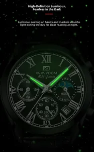 Macro detail of men's watch glowing luminous hands and Roman numerals on black dial