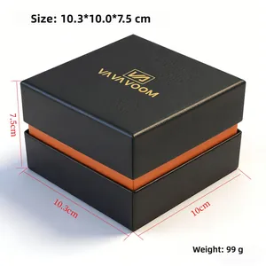 Detail view of black faux leather watch box with orange stripe and logo 10.3x10.0x7.5cm