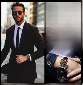 Close-up of multifunctional men's watch with rose gold case and brown leather strap
