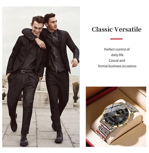 Classic men's business watch with bicolor steel strap and calendar window in gift box