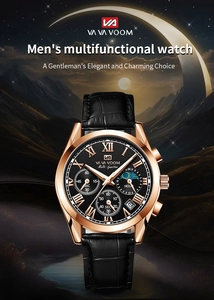 Detail of rose gold multifunctional watch with black leather strap and Roman numerals