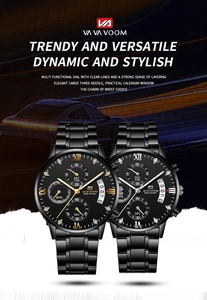 Detail view of multifunctional stainless steel men's watch with chronograph sub-dials