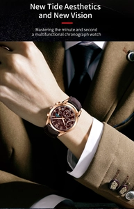 Close-up of rose gold chronograph watch with Roman numerals and brown leather strap