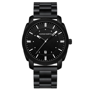 Montre homme étanche en acier inoxydable noir avec guichet dateur et index argentés