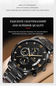 Detailed macro view of black stainless steel chronograph watch with golden hour markers